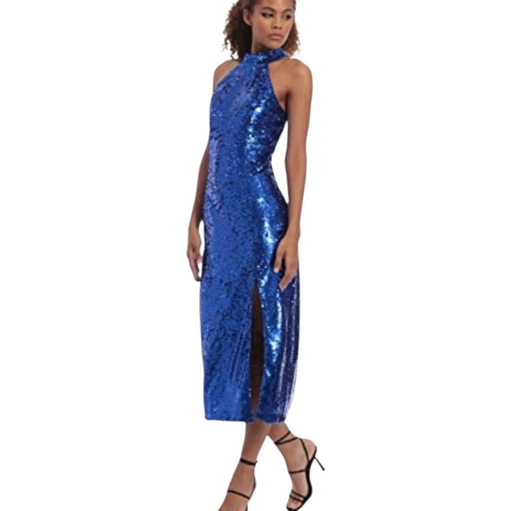 Donna Morgan Shimmering Blue Sequin Midi Dress Size 10 - Picture 2 of 12